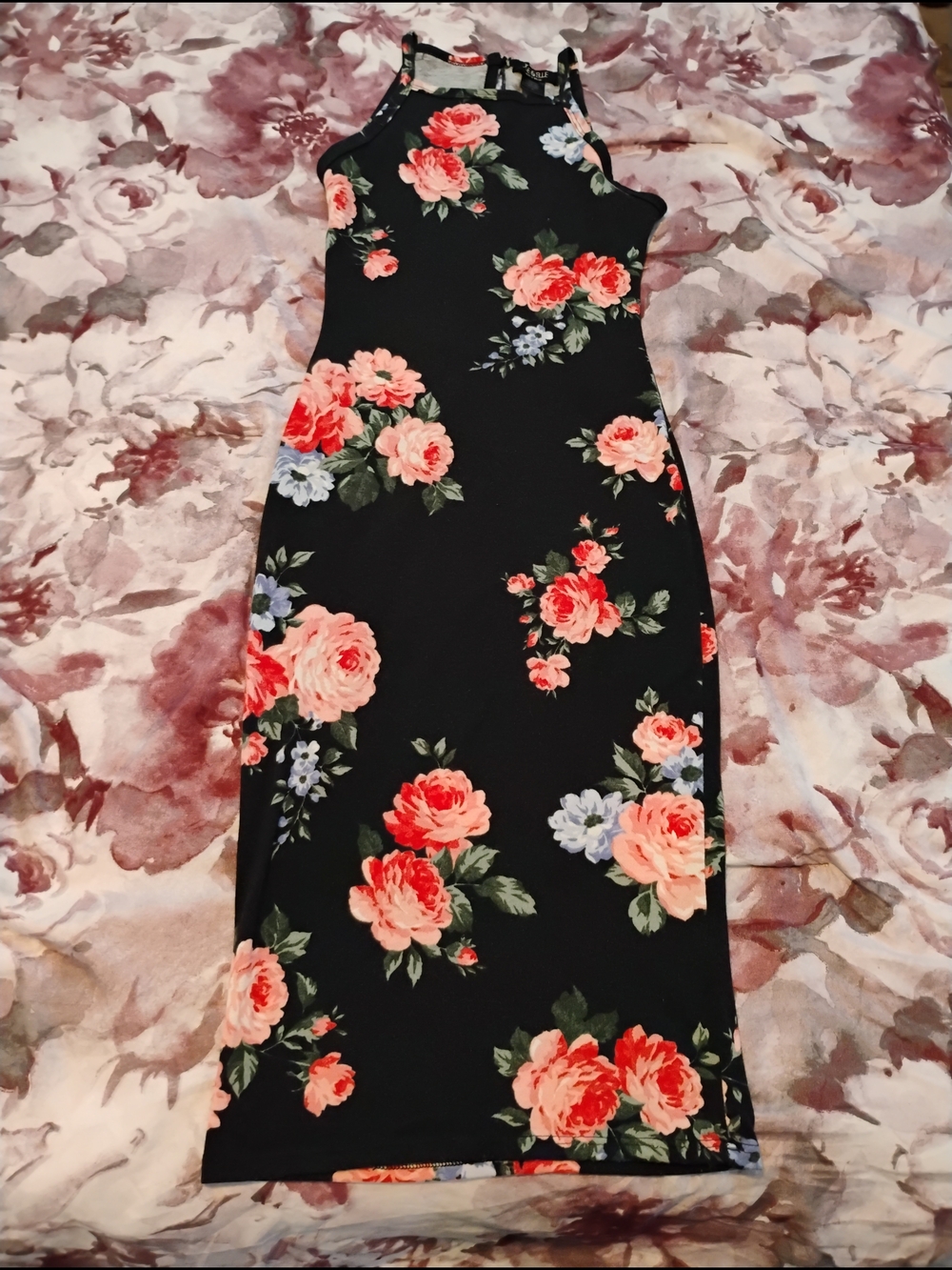 Women's Joe & Elle Midi Dress in Black with Coral Roses Size S